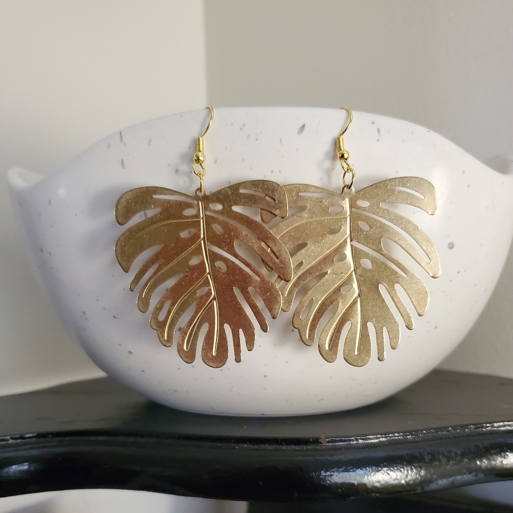 Brass Monstera Leaf Earrings - image 2
